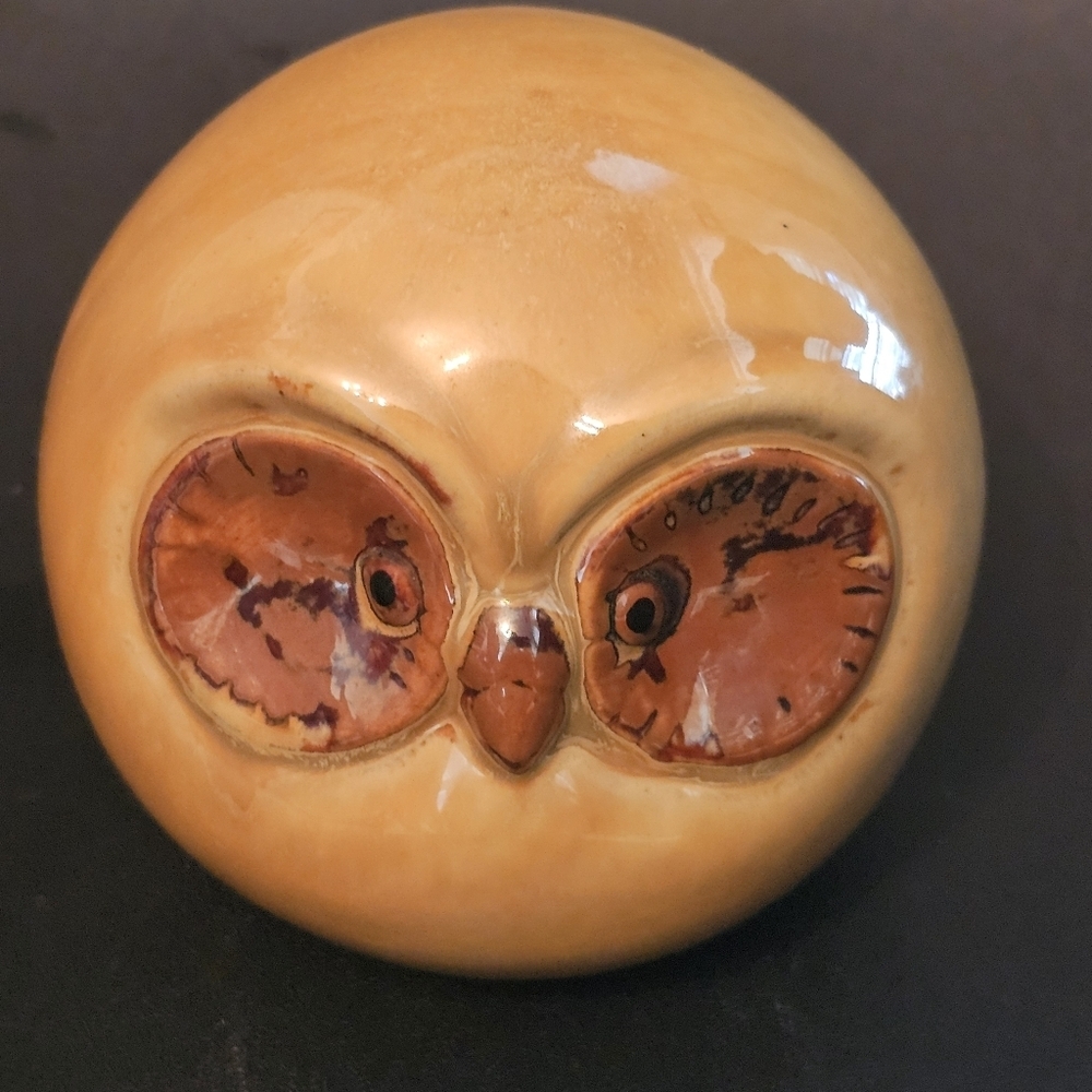Vintage MCM Pottery Owl Round‎ Big Eyes Tan Brown Glaze 4" - Picture 7 of 9